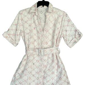 Eyelet Accented Pastel Button-Up Collared Dress with Belt | XS - #23